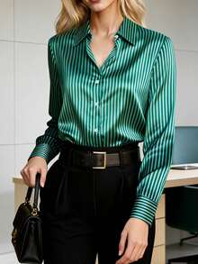 HOMEYEE Women's Fashionable Green Striped Button-Front Long Sleeve Office/Business Commute Shirt Vacation Spring - Green - View 8