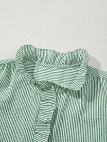 Acelitt Blue & White Striped Puff Sleeve Ruffle Collar Casual Shirt, Summer - Green - View 6
