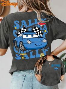 Disney License T Shirts,Disney Cars Sally Carrera Graphic T-Shirt For Women, Casual Loose Fit Race Car Checkered Flag Routee 66 Print Short Sleeve Tee, Cute Disney PIXAR1 Movie Character Top, Family Matching Mommy & Me Outfit,  Vacation Daily Wear Summer Fashion Top ,Camiseta, Summer Outfits For Women, Summer Clothes, Summer Tops, Tops For Women, Festival Outfits, Summer Tops For Women, Mother's Day, Mother's Day Clothing, Gifts For Family And Friends, Spring Outfits For Women, Officially Licensed Disney T-Shirts, Disney Men's And Women's Spring/Summer Fashion Casual Short-Sleeve T-Shirts - 灰色 - 查看 1