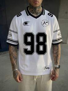 男士98星字母图案Polo衫，休闲街头足球风格肩部印花条纹袖口上衣，夏季款 - 白色 - 查看 4