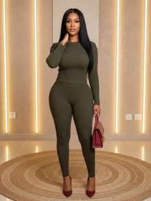 Leggings And Long Sleeve Top Set - 軍綠色 - 查看 3