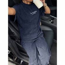 Women's Washed Brown T-Shirt And Pants Two-Piece Casual Set - 藏蓝色 - 查看 5
