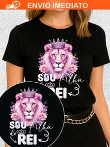Women's Black Cotton T-Shirt With Lion Print, Crew Neck, Short Sleeves, And Regular Length. Made From Medium-Stretch Fabric With Ribbed Knit Details. - 黑色 - 查看 7