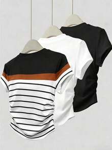 3 piezas Nuevas camisetas de verano de ajuste ceñido para mujer, negro, multicolor, rayas multicolor, uso casual al aire libre, oficina y hogar - Multicolor - Ver 2