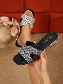 Nuevas llegadas del verano 2026, sandalias de mujer de tacón grueso con adornos de strass, moda clásica y versátil - Negro - Ver 11