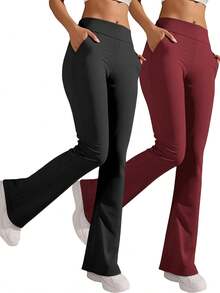 2-Pack Women's High Waist Solid Black Gray Red Flared Leggings With Side Pockets, Buttery Soft Yoga Pants For Fitness, Gym Training, Hiking, Lounge, Everyday Casual Wear Activewear - 2PCS(Black,Red) - 查看 1