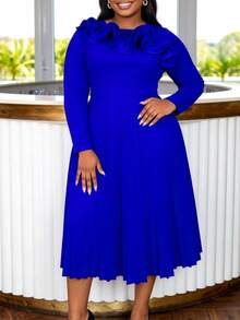 AOMEI Damen Große Größen elegantes konservatives Kirchenkleid in königlicher Farbe Herbst/Winter mit Rüschen 3D-Plissee Langarm A-Linie Midi Partykleid, Geburtstag oder Hochzeitsparty, Hochzeitstag, Sonntag - Blau - Übersicht 5