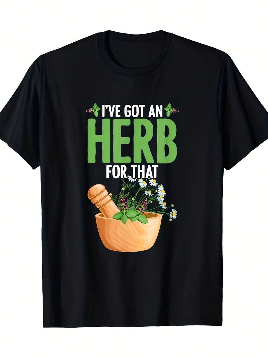 Camiseta Gráfica Herbalista de 220 g/m² para Hombre y Mujer | Camiseta de manga corta con cuello redondo y estampado botánico, con el eslogan "I've Got an Herb for That", estilo retro de hierbas, ropa casual para todas las estaciones, estilo vintage, cuello redondo, tela ligeramente elástica. - Negro - Ver 1