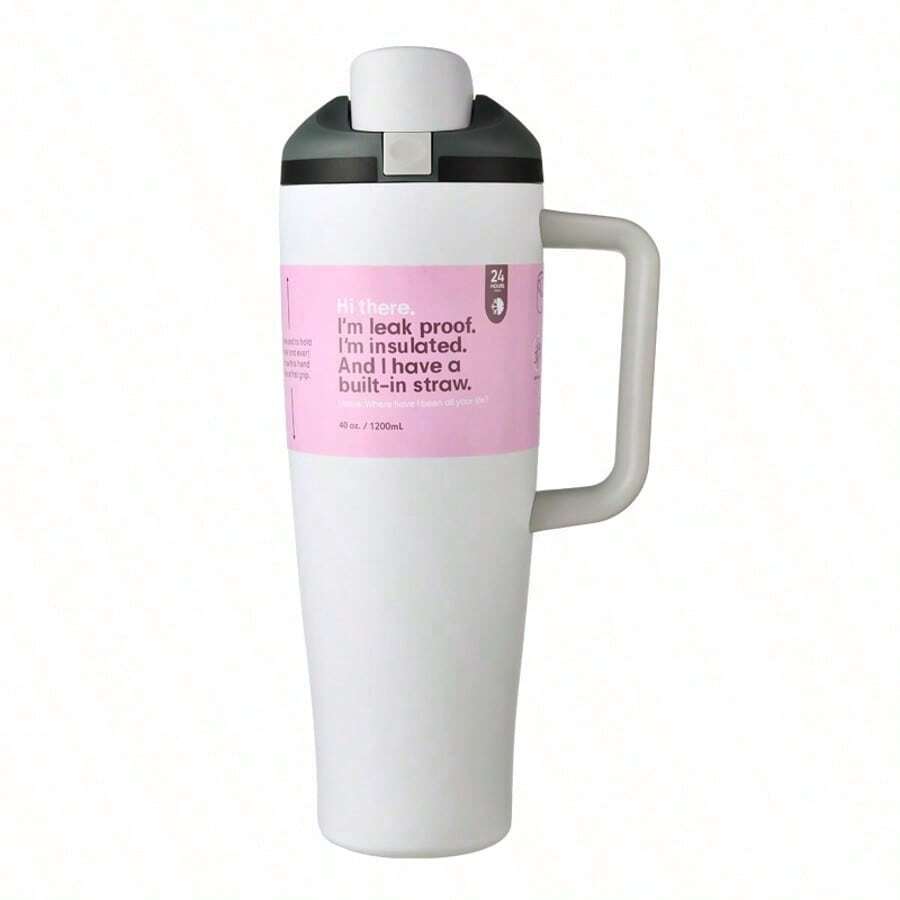 40oz Stainless Steel Thermoscup -Keeps Water Cold Or Hot - Stainless Steel Water Bottle With Push-On Dust-Proof Lid And Plastic Straw - 白色 - 查看 1