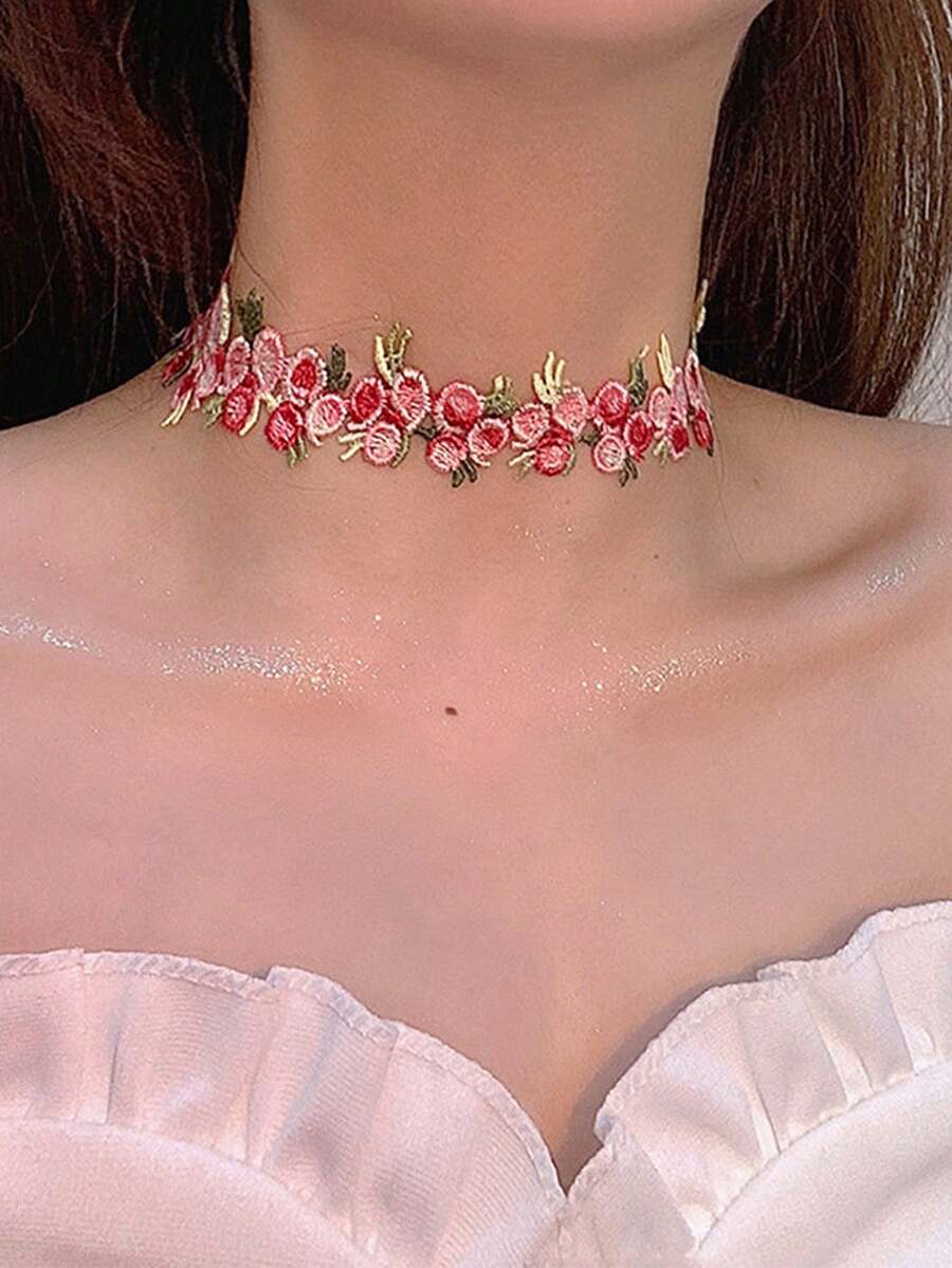 1件蕾丝面料花卉刺绣颈链，复古风格，适合女性，春夏款 - 花朵 - 查看 1