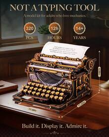 Robotime LK703B 3D Wooden Typewriter Puzzle – Black And Gold Mechanical Model Kit, Fully Functional DIY Toy, Vintage Home/Office Decoration, And Collectible Gift For Adults And Teens - 黑色 - 查看 3