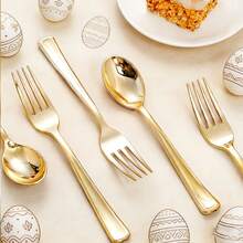 200/100/50pcs Gold Salad Forks/Dessert Spoons, Reusable Tableware For Food Service, Suitable For Valentine's Day Party, Wedding, Lunch, Family Gathering, Engagement Party, BBQ, Dinner, Birthday, Holiday, Retirement Celebration, Outdoor Picnic, Buffet, Catering And More - Gold - View 9