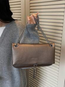1pc Women's Retro Versatile Chain Crossbody Bag, Solid Color Commuter Envelope Bag, Zipper Closure Square Box Bag, Unique Chain Crossbody Design, Women's Travel Shoulder Bag, PU Material, Random Letter Print - Champagne - View 10