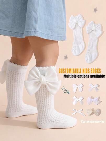 1 đôi tất cao cổ bằng vải lưới cotton dễ thương có nơ trang trí cho bé gái, thích hợp cho mùa xuân/hè, có phụ kiện đi kèm.