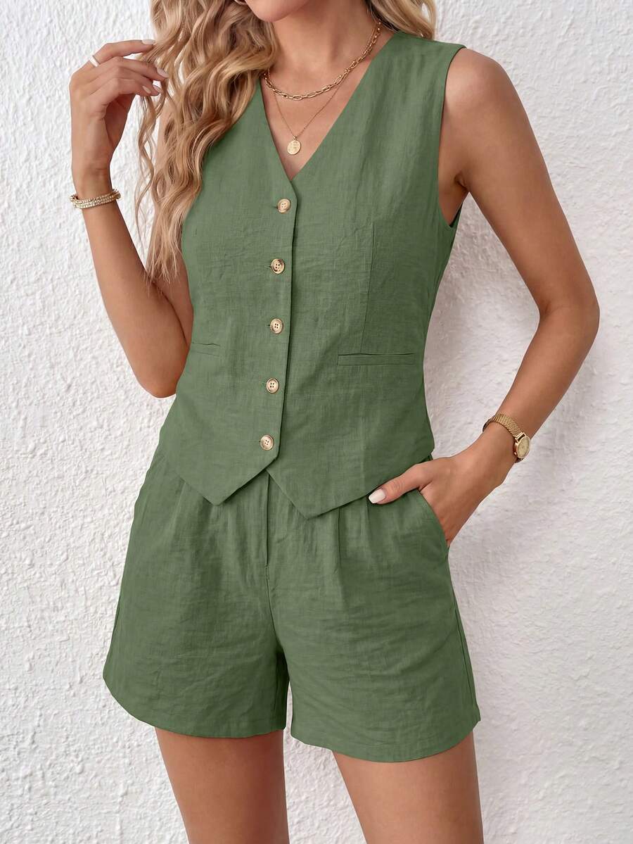 PRETTYGARDEN Women's Summer Clothes Tanktop 2 Piece Sets Outfits Sleeveless Matching Button Down V Neck Vest Waistcoat And Pockets Going Out Short Sets Vacation - 軍綠色 - 查看 1