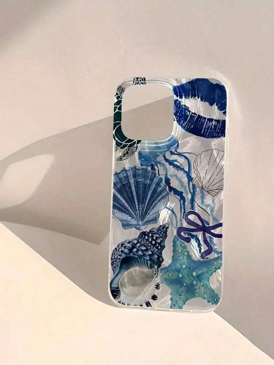 1 pieza Funda de teléfono con estampado de labios azules, vida marina azul, concha de labios, estrella de mar, personalizada, transparente, IMD de envoltura completa, anti-caída, plata con degradado de pluma, onda de pluma brillante, estilo de arte láser brillante compatible con Apple  11/11 pro/11 pro max/12/12 pro/12 pro max/13/13 pro/13 pro max/14/14 pro/14 pro max/15/15 pro/15 pro max/16/16 pro/16 pro max/17/17 pro/17 pro max
