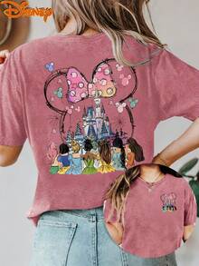 Disney Princess Minnie Mouse Bow Castle Print Oversized T-Shirt For Women, Cute Mickey Head Balloon Fireworks Graphic Loose Fit Casual Tee, Vintage Magic Kingdom Short Sleeve Tops For Disney Trip Vacation Daily Wear, Camiseta, Summer Outfits For Women, Summer Clothes, Summer Tops, Tops For Women, Festival Outfits, Summer Tops For Women, Mother's Day, Mother's Day Clothing, Gifts For Family And Friends, Spring Outfits For Women, Officially Licensed Disney T-Shirts, Disney Men's And Women's Spring/Summer Fashion Casual Short-Sleeve T-Shirts - Hot Pink - View 1