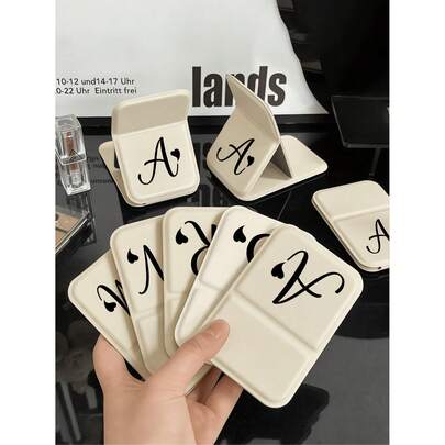 Mini Artistic Love Letter A-Z Foldable Portable Makeup Mirror, ,Includes 1pc Portable Folding Makeup Mirror And 1pc Makeup Powder Puff, Rectangle Compact Dressing Mirror, Mini Handheld Cosmetic Mirror, Suitable For Travel, Dormitory, Office And Home Use, Easy To Carry For Touch-Upmakeup Mirror With Holder, Travel Mirror, Desktop Makeup Mirror, Women's Travel Portable Makeup Mirror Gift