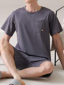 AICJ 男士纯色休闲宽松简约口袋圆领短袖格子短裤睡衣套装（2件套），适合春夏穿着 - 深灰色 - 查看 4