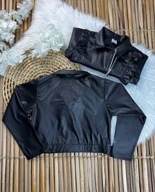 Girls' Faux Leather Jacket With Front Ruffle, Double-Sided Zipper, And Modern Collar – Black And Brown, Sizes 2 To 10 Years - 黑色 - 查看 4