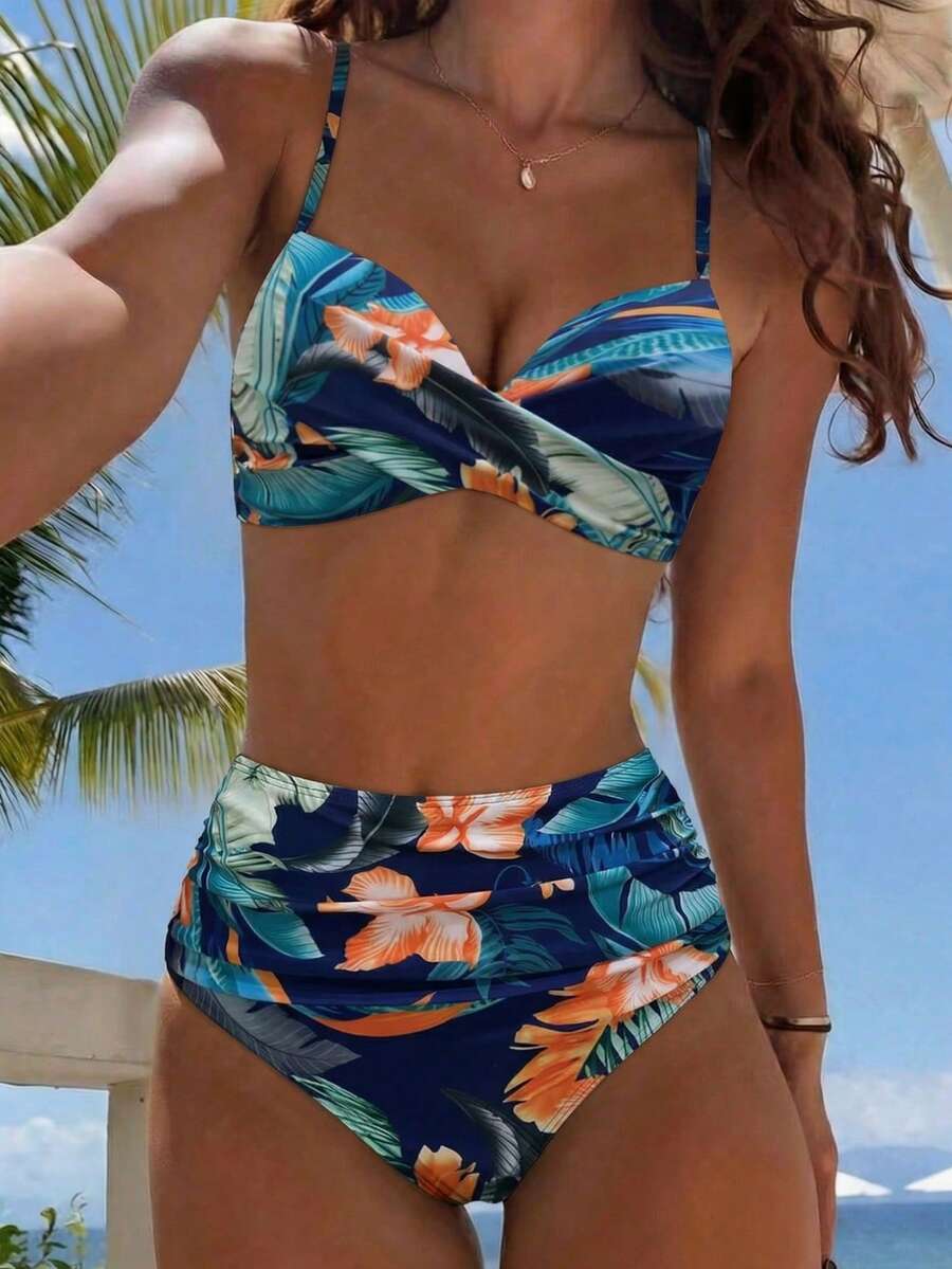 Women Two-Piece Bikini Set Exclusive Sexy Push-Up Random Floral Print Summer - Navy Blue - View 1