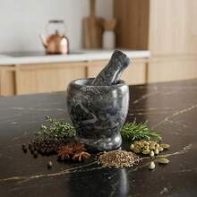 一套天然大理石研钵和研杵，礼盒包装，适合作为乔迁或节日厨房用具礼品。 - 黑色 - 查看 6