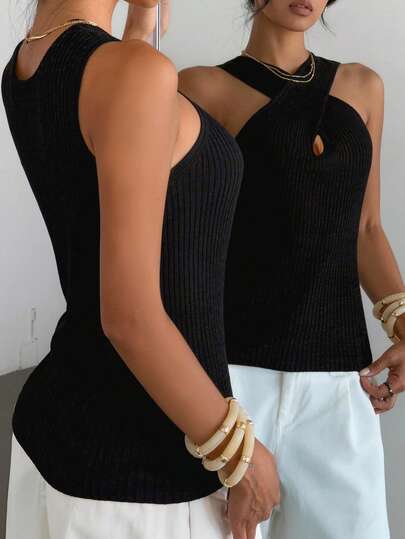 Women's Black Ribbed Knit Backless Camisole Top, Criss-Cross Keyhole Hollow Out Sleeveless Fitted Casual Tank Top, Y2K Streetwear For Daily/Party Wear Summer