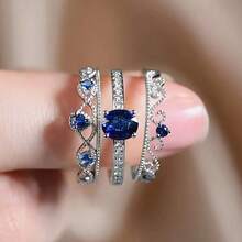 Bộ 3 chiếc nhẫn trang sức nữ sang trọng, cá nhân hóa, đính đá Zirconia xanh dương, kiểu dáng Crown Royal, phù hợp cho đám cưới, lễ đính hôn, đeo hàng ngày, dự tiệc, các mùa trong năm, đặc biệt là mùa hè. - Bạc - Xem 2