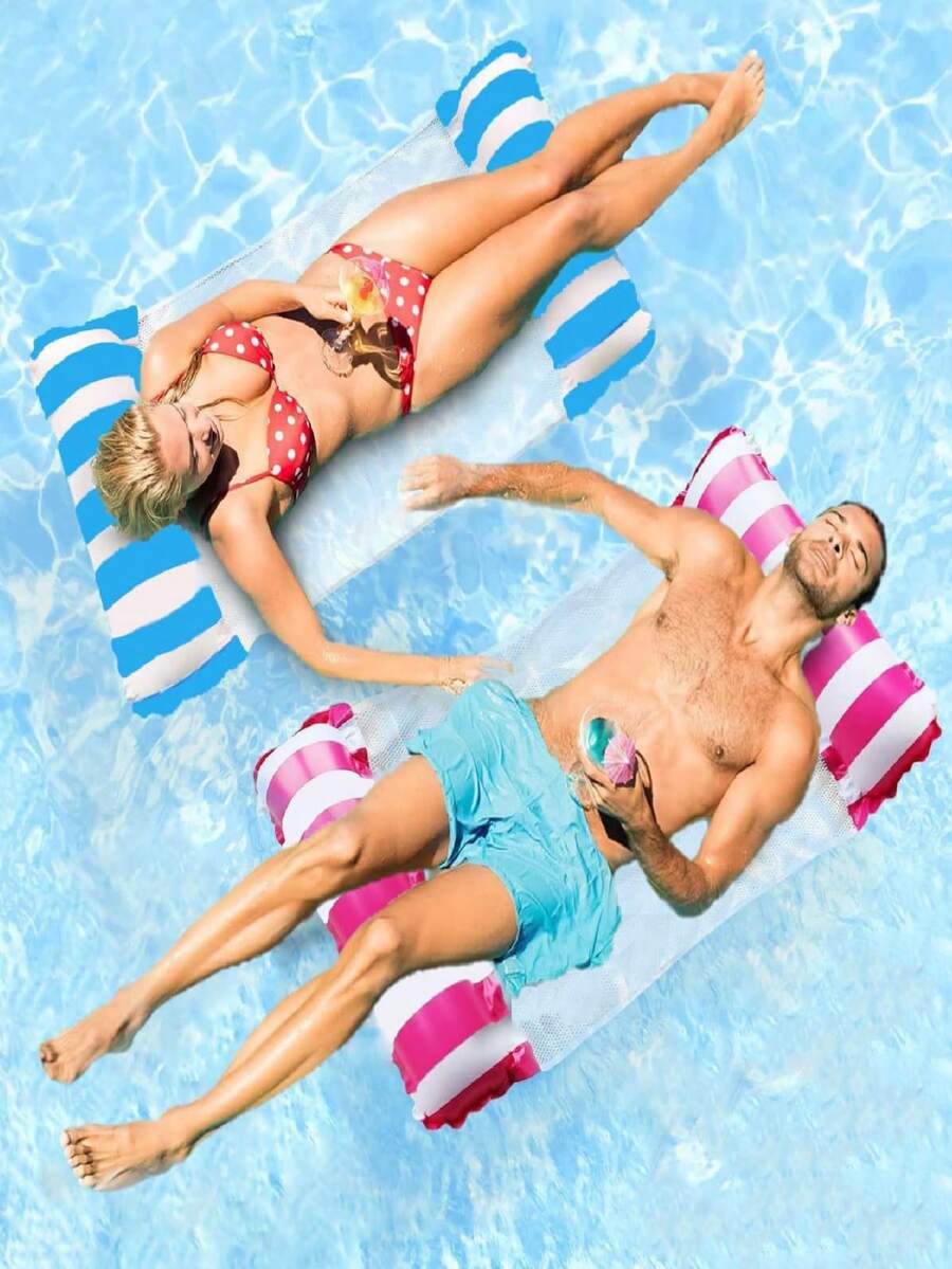 1pc Inflatable Float Bed, Minimalist Dual-Tube Design, Striped Pattern, PVC Material, Summer Swimming Pool & Beach Party Accessory, Suitable For Vacation & Pool Leisure, Applicable For Water, Swimming Pool, Beach, Theme Party, Inflatable Floating Seat, Inflation Pump Sold Separately - Twin-tube Floating Bed - View 1