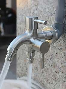 重型不锈钢双出水口水龙头，现代双把手灌溉水龙头，现代双把手设计，双出水口，冷热水独立控制，可连接水管 - 黑色 - 查看 5