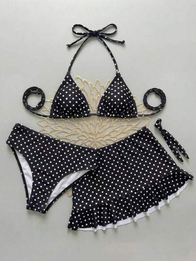  AUGUST VACATION Summer Elegant Women's Fashion Black & White Polka Dot Print Sexy Bikini Set, Random Print Beach Holiday Swimwear, Summer