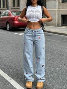 Women's Straight Leg Casual Cherry Embroidered Pocket Jeans Spring - Light Wash - View 2