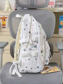 Vit stjärntryck ryggsäck med stor kapacitet, flickväska för student, pendlarväska för laptop - Vitt - Visa 4
