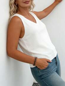 Plus Size Women's New Fashion Casual Elegant Daily Vacation Holiday Solid V-Neck Knit Vest, Women's Pullover Sweater, Summer Mother's Day White - White - View 4