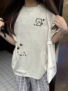 Japanese Women's Spring And Summer Pure Cotton Crew Neck Loose Fit 100 Pieces Simple Print Short Sleeve T-Shirt - Light Grey - View 1