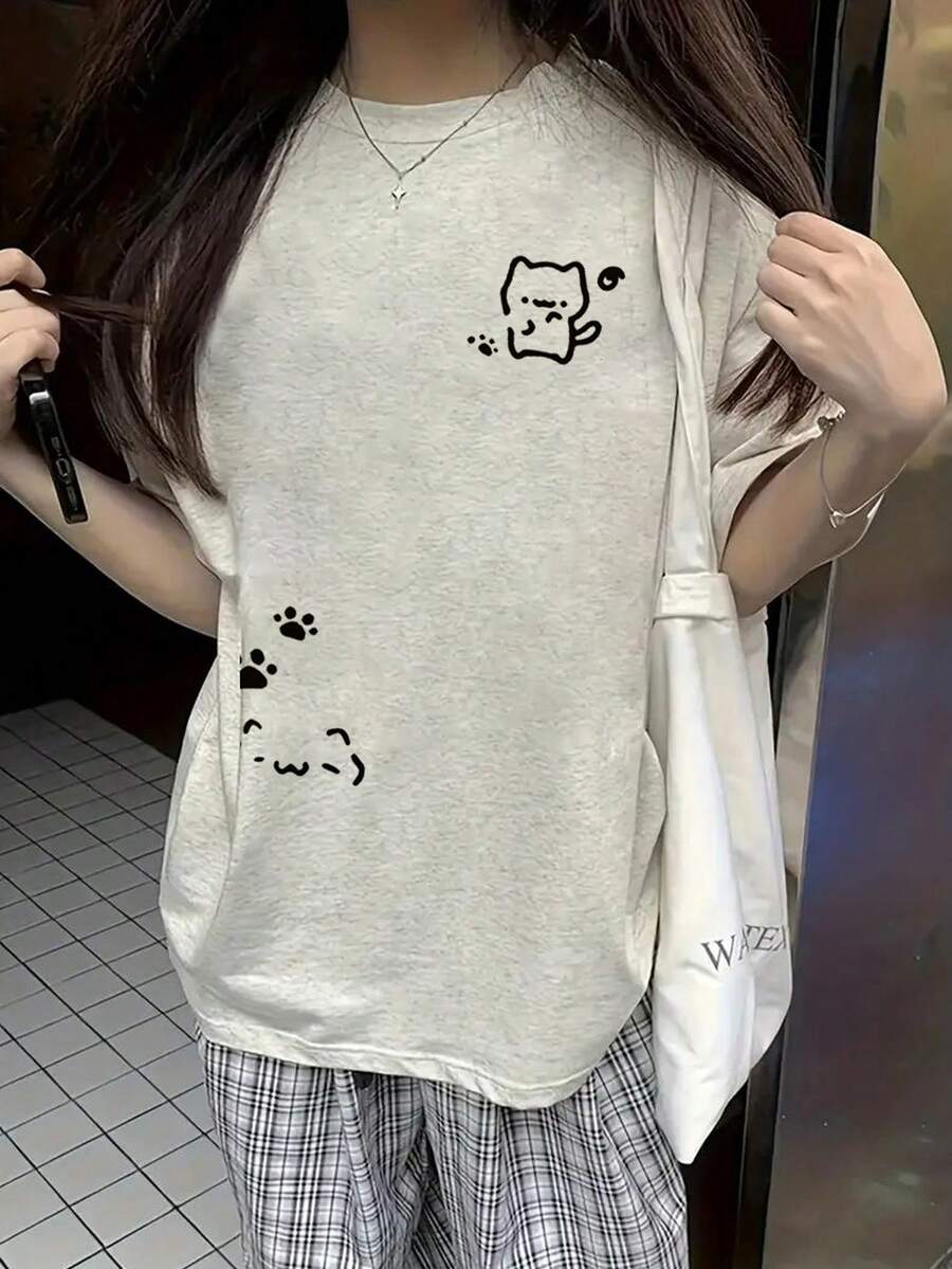 Japanese Women's Spring And Summer Pure Cotton Crew Neck Loose Fit 100 Pieces Simple Print Short Sleeve T-Shirt - Light Grey - View 1
