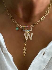 1 buah Kalung Huruf A-Z Oval Emas dengan Gesper dan Rantai Huruf Berlian Bentuk Petir, Gaya Mewah Unik, Cocok untuk Dekorasi Kerja Sehari-hari Wanita - Yellow Gold - View 20