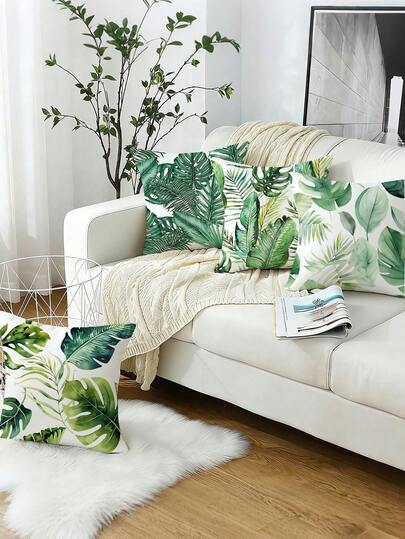 4件套热带树叶印花枕套（仅含枕套，不含枕芯），绿色几何图案装饰枕套，柔软舒适，适用于客厅和卧室，拉链式设计，适合沙发、卧室、客厅等场所。