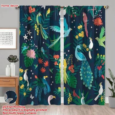 2 Pcs Navy Blue Bird Curtains, Vibrant Tropical Style Polyester Window Treatments For Living Room Balcony Homestay All Season Decoration