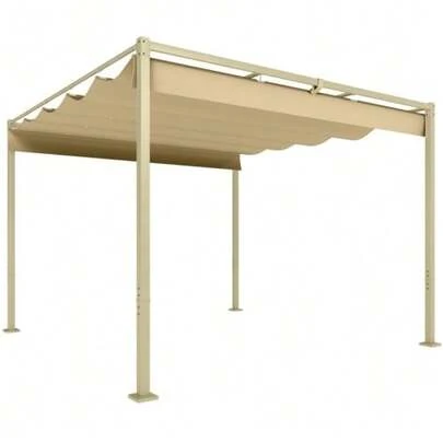 3 X 3 M Garden Pergola With Retractable Roof, Pavilion, Canopy For Shade, UPF30+, Khaki