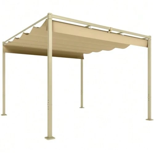3 X 3 M Garden Pergola With Retractable Roof, Pavilion, Canopy For Shade, UPF30+, Khaki - Khaki - View 1