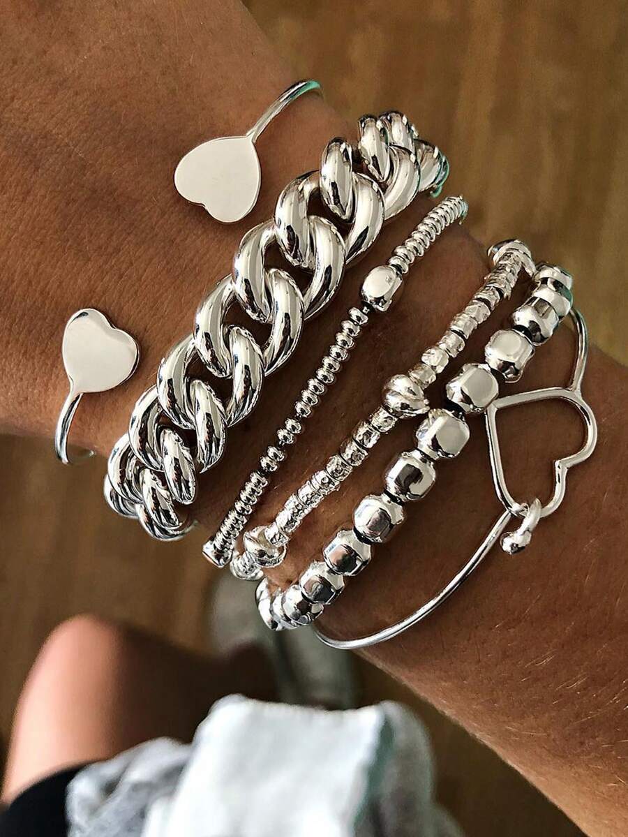 6pcs Vintage Exaggerated Minimalist Coin Design Layered Chain Heart Bracelet & Bangle Set, Suitable For Dating, Vacation, Daily Wear, Party, Holiday Gift For Women