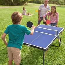 Mesa de ping pong plegable, juego de tenis de mesa de MDF con red, 2 paletas y 3 pelotas. Mesa de juego familiar portátil para interior, color negro, medidas 54'' x 30'' x 26.6'' - Azul - Ver 4