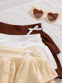 3pcs/Set Girls' Casual Solid Color Layered Skirt With 3D Bow Decor, Suitable For Daily Outings - Coffee Brown - View 4