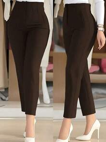 Pantalones de talle alto de unicolor, ajustados y de longitud tobillera para uso diario, primavera - Café integral - Ver 2