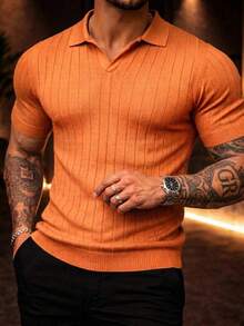 Men's Chic Lightweight Textured Knit Sweater Shirt, High Quality, Perfect For Summer, Spring, Autumn, And Winter, Ideal For Father's Day. - لون برتقالي - مشاهدة 4