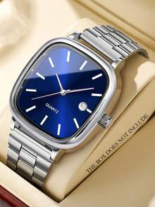 Set Jam Tangan Bisnis Pria Mewah 2 Buah, Termasuk Dua Jam Tangan dengan Tali Stainless Steel Persegi Warna Putih dan Biru, Penanda Bar Minimalis dengan Desain Jendela Tanggal. - MultiWarna - View 3