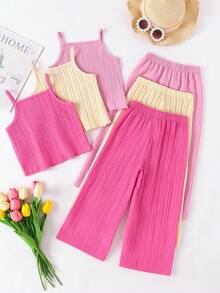6pcs/Set Baby Casual Solid Color Fashion Versatile Camisole Paired With Loose Solid Color Pants Set, Spring/Summer - Multicolor - View 4