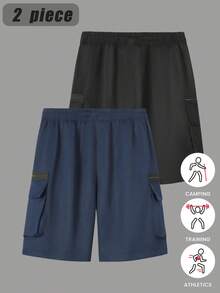 2pcs/Set Men's Khaki Casual Shorts, Drawstring Elastic Waist Multi-Pocket Summer Shorts Sports - Multicolor - View 3