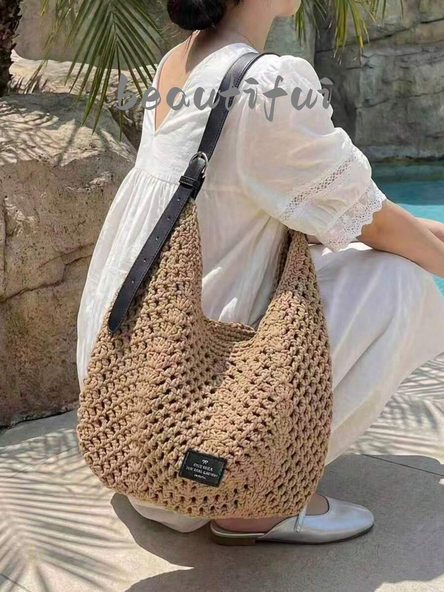 镂空编织新月包，休闲时尚草编包，慵懒单肩包，夏季百搭手提包，日式慵懒针织包，透气网布包，撞色水桶包，大容量可调节肩带，度假风沙滩包，复古米色编织包 - 彩色 - 查看 1